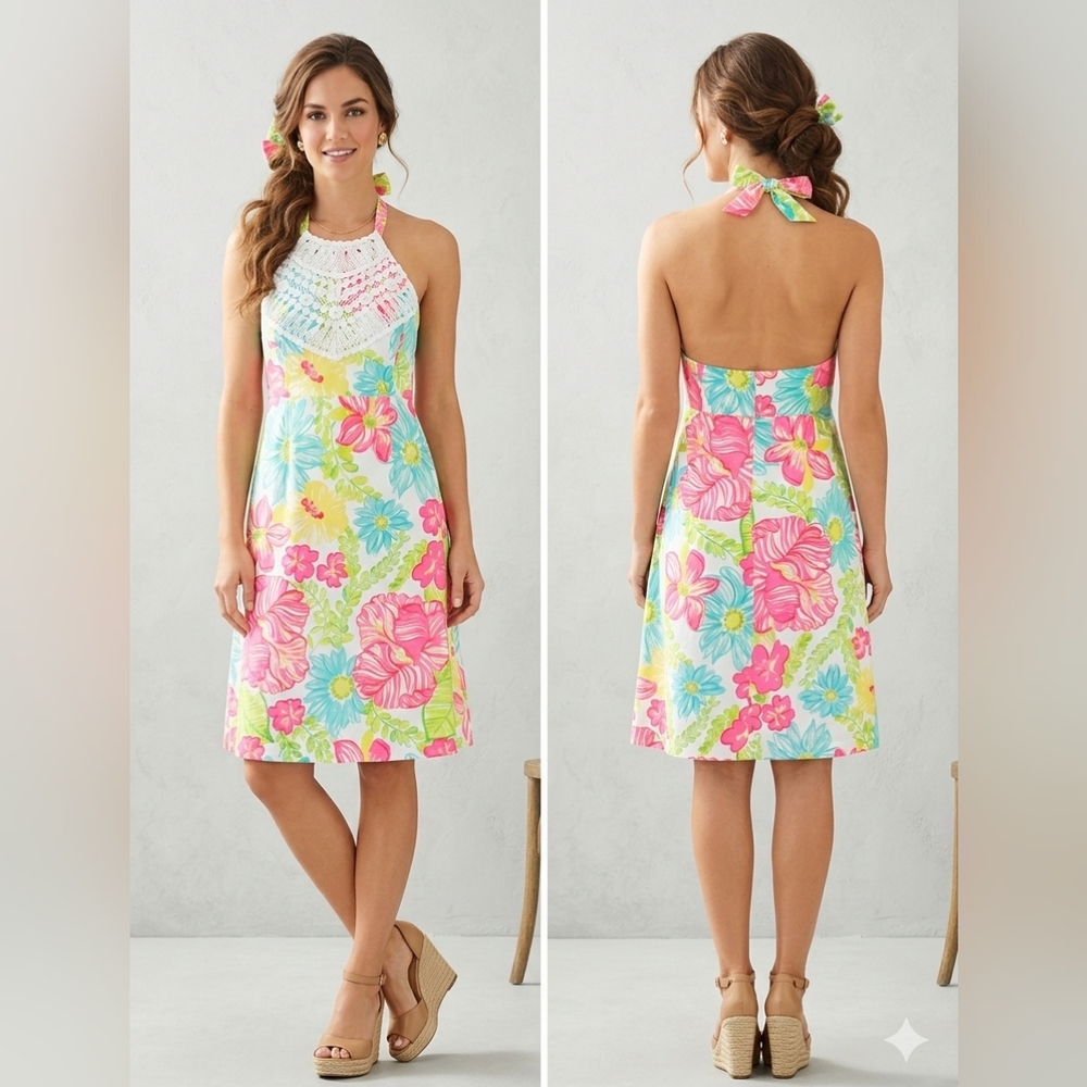LILLY PULITZER BRIGHTON WOMEN'S HALTER DRESS WITH PATCHWORK EYLET FRONT.
